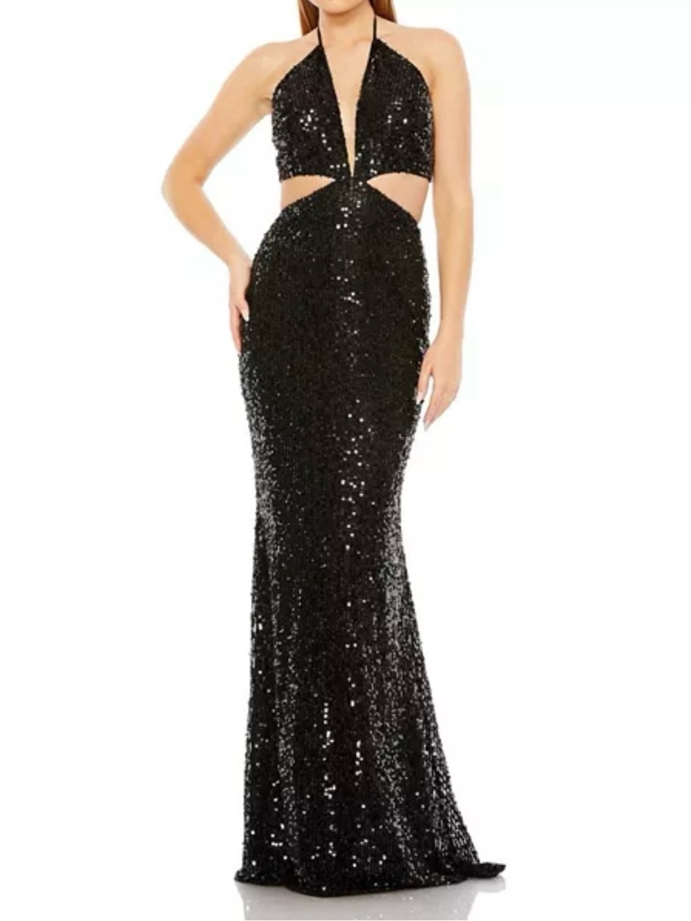 Mac Duggal Black Sequin Halter Cutout Maxi Dress 8